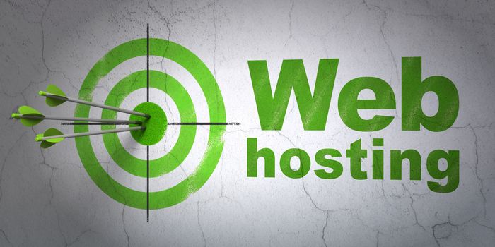 Success web development concept: arrows hitting the center of target, Green Web Hosting on wall background, 3D rendering