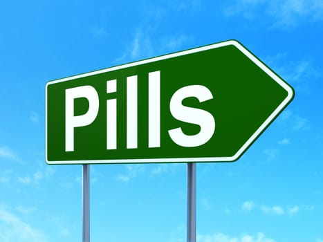 Medicine concept: Pills on green road highway sign, clear blue sky background, 3D rendering