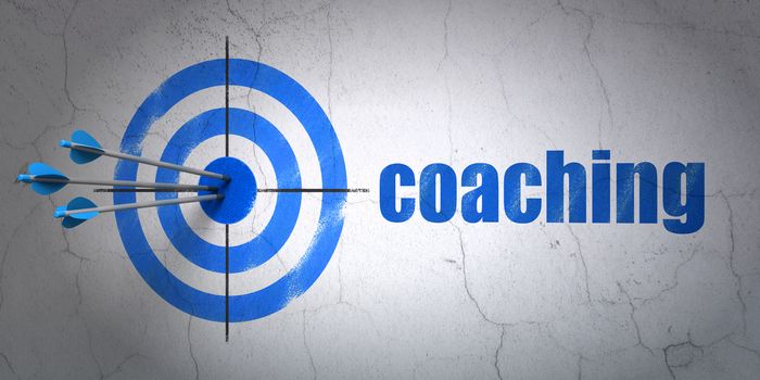 Success Learning concept: arrows hitting the center of target, Blue Coaching on wall background, 3D rendering