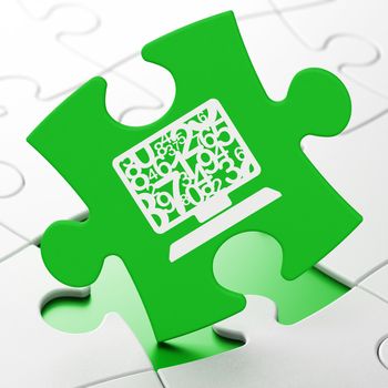 Learning concept: Computer Pc on Green puzzle pieces background, 3D rendering