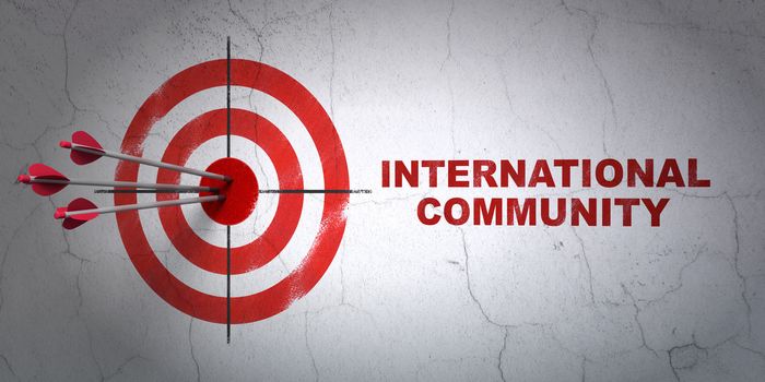 Success political concept: arrows hitting the center of target, Red International Community on wall background, 3D rendering