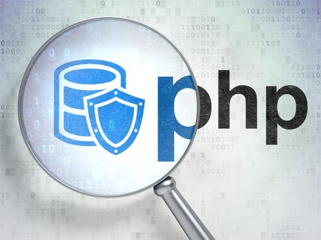 Software concept: magnifying optical glass with Database With Shield icon and Php word on digital background, 3D rendering