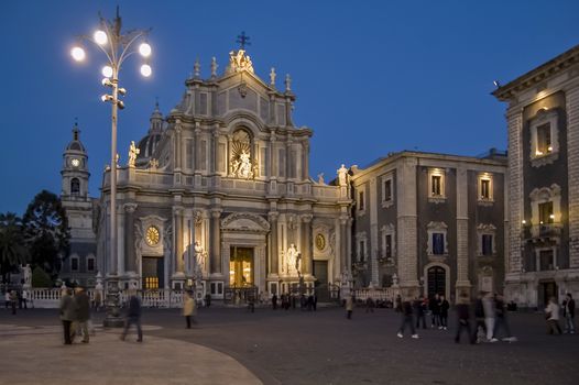 Piazza del Duomo in Catania with the Cathedral of Santa Agatha in Catania in Sicily, Italy.