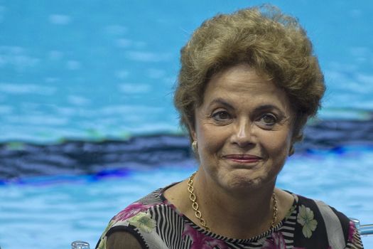 BRAZIL, Rio de Janeiro: President Dilma Rousseff smiles at the opening of the Olympic Aquatics Stadium in Rio de Janeiro, Brazil on April 8, 2016. The venue, which will host events during the 2016 Olympics in Rio, has been built with sustainable 'nomadic architecture' that will allow it to be broken down, relocated, and reassembled into two smaller arenas.