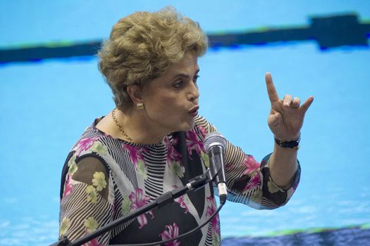 BRAZIL, Rio de Janeiro: President Dilma Rousseff introduces the Olympic Aquatics Stadium in Rio de Janeiro, Brazil on April 8, 2016. The venue, which will host events during the 2016 Olympics in Rio, has been built with sustainable 'nomadic architecture' that will allow it to be broken down, relocated, and reassembled into two smaller arenas.