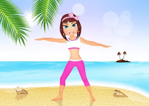 illustration of girl does exercises on the beach