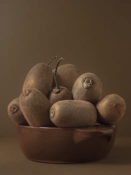 Kiwi in a bowl of brown on brown background to understand a principle of healthy eating