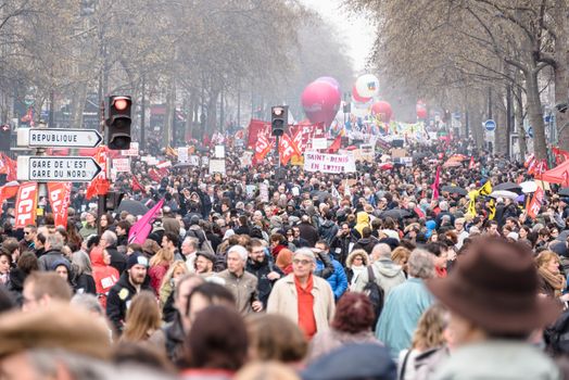 FRANCE, Paris: Demonstrators march during a protest on April 9, 2016 in Paris, against the French government's proposed labour law reforms.