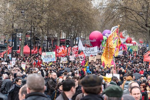 FRANCE, Paris: Demonstrators march during a protest on April 9, 2016 in Paris, against the French government's proposed labour law reforms.