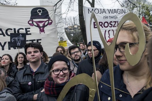 POLAND, Warsaw: People attend an anti-government and pro-abortion demonstration in front of parliament, on April 9, 2016 in Warsaw. 