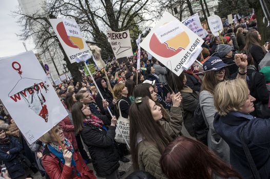 POLAND, Warsaw: People attend an anti-government and pro-abortion demonstration in front of parliament, on April 9, 2016 in Warsaw. 