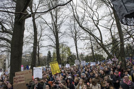 POLAND, Warsaw: People attend an anti-government and pro-abortion demonstration in front of parliament, on April 9, 2016 in Warsaw. 