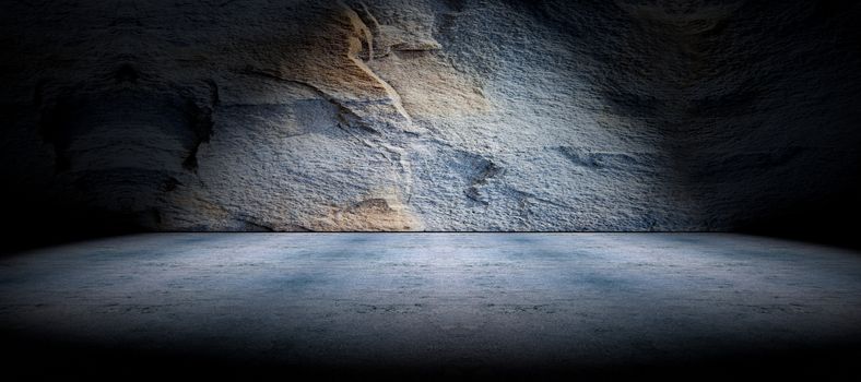 Cement floor and rock wall background and spotlight