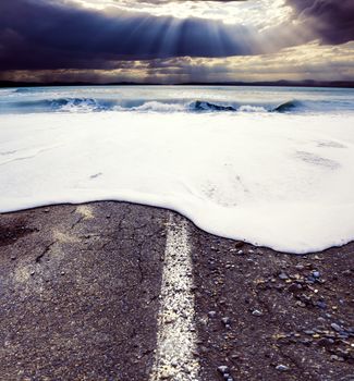 Seascape and storm.Highway ocean is swallowed