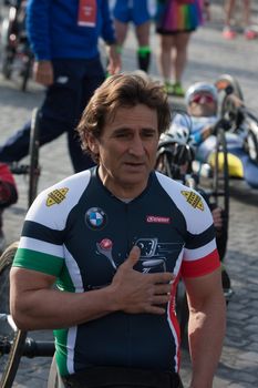 ITALY, Rome: Italian handbiker and former Formule 1 pilot Alexandro Zanardi is pictured before Rome City Marathon in Rome on April 10, 2016. He won the first position in the handisport category with a new record of 1h09'15.