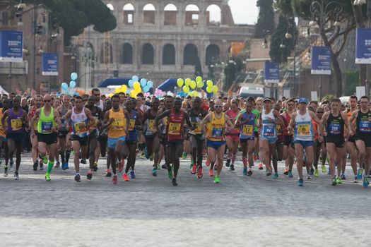 ITALY, Rome: Runners are pictured at the starting line of Rome City Marathon  in Rome on April 10, 2016. He won the first position in 2h08'16”.