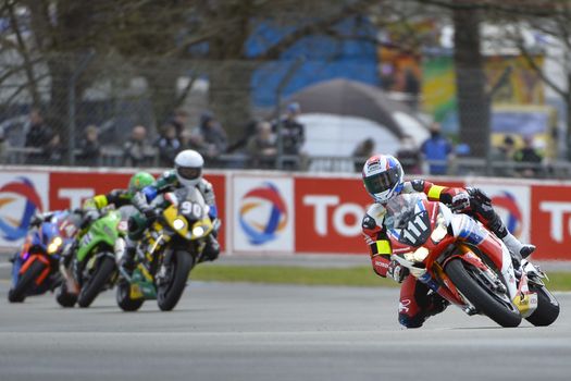 FRANCE, Le Mans: British 111 Honda Racing team pilot (R) is pictured Le Mans 24 Hours moto endurance race at Bugatti track in Le Mans, France, on April 9, 2016.