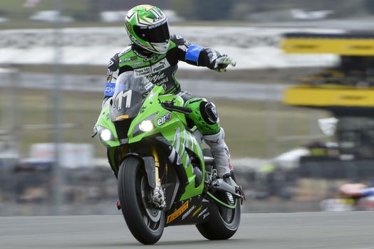 FRANCE, Le Mans: French rider Gregory Leblanc on Kawasaki ZX10R Formula EWC N°11 is pictured during the 39th edition of le Mans 24 hours moto endurance race on April 10, 2014 in Le Mans, western France. French team Leblanc-Lagrive-Foret on Kawasaki N.11 won the race.