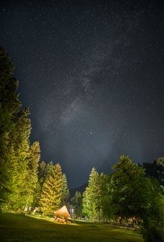 Camping Shelter Glows Surrounded by Trees Under a Night Sky Full of Stars