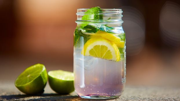 Iced drink with mint and citrus fruit. Shallow dof