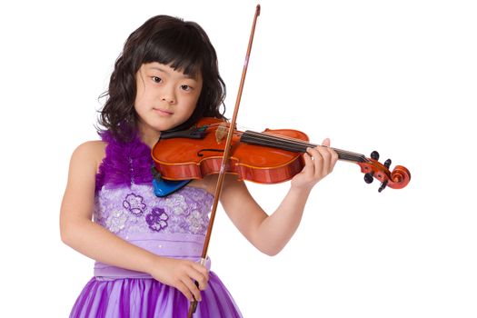 A portrait of a cute, happy and young Japanese girl in a purple dress on a white background with a violin.