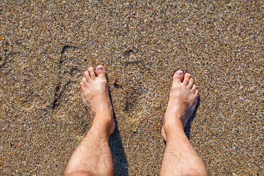 Male bare feet standing on the wet sandy beach