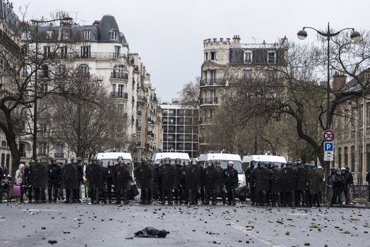 FRANCE, Paris: Stones are pictured on the ground after clashes during a demonstration against labour reform in Paris on April 9, 2016. 