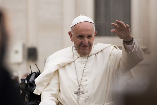 Vatican, Vatican city: Pope Francis waves at pilgrims as he held a Jubilee audience for 50 000 pilgrims on St.Peter's Square in Vatican on April 9, 2016 and spoke of mercy and its relationship with alms giving.