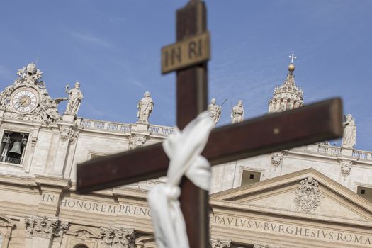 Vatican, Vatican city: A crosses with 'In Ri written on it is seen as Pope Francis held a Jubilee audience for 50 000 pilgrims on St.Peter's Square in Vatican on April 9, 2016 and spoke of mercy and its relationship with alms giving.