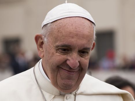 Vatican, Vatican city: Pope Francis waves at pilgrims as he held a Jubilee audience for 50 000 pilgrims on St.Peter's Square in Vatican on April 9, 2016 and spoke of mercy and its relationship with alms giving.