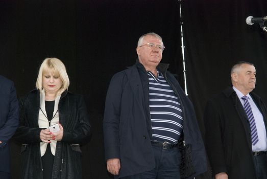 SERBIA, Vrsac: Former Serbian deputy PM Vojislav Seselj (C), who was trialed by the Hague Tribunal, is seen before a rally in Vrsac on April 10, 2016, as part of his election campaign in Serbia. Elections which will be held in two-week. Throughout the 2016 election campaign, Seselj has visited many small cities around Serbia, including Vrsac, where 500 people attended the public rally.At this rally, Seselj yet again praised the Chetniks and Russia, while he criticized NATO, the EU and Serbia's pro-western orientation, as well as the current and former authority.