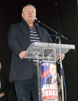 SERBIA, Vrsac: Former Serbian deputy PM Vojislav Seselj (C), who was trialed by the Hague Tribunal, gives a speech at a rally in Vrsac on April 10, 2016, as part of his election campaign in Serbia. Elections which will be held in two-week. Throughout the 2016 election campaign, Seselj has visited many small cities around Serbia, including Vrsac, where 500 people attended the public rally.At this rally, Seselj yet again praised the Chetniks and Russia, while he criticized NATO, the EU and Serbia's pro-western orientation, as well as the current and former authority.