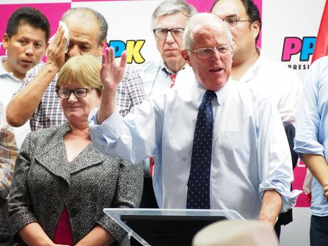 PERU, Lima: Peruvian presidential candidate for Peruanos por el Kambio (Peruvians for Change Party) and centre-right former World Bank economist Pedro Pablo Kuczynski meets with his supporters during a press conference as he was announced in the second place following the first round of Peru's Presidential Election, in Lima, Peru on April 10, 2016. The daughter of jailed former president Alberto Fujimori will face the veteran economist Pedro Pablo Kuczynski in the June run-off. 