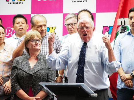 PERU, Lima: Peruvian presidential candidate for Peruanos por el Kambio (Peruvians for Change Party) and centre-right former World Bank economist Pedro Pablo Kuczynski meets with his supporters during a press conference as he was announced in the second place following the first round of Peru's Presidential Election, in Lima, Peru on April 10, 2016. The daughter of jailed former president Alberto Fujimori will face the veteran economist Pedro Pablo Kuczynski in the June run-off. 