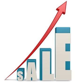 Red arrow and sale blue bar chart image with hi-res rendered artwork that could be used for any graphic design.