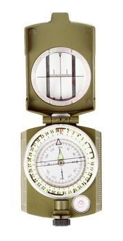 Vintage brass compass on isolated white background