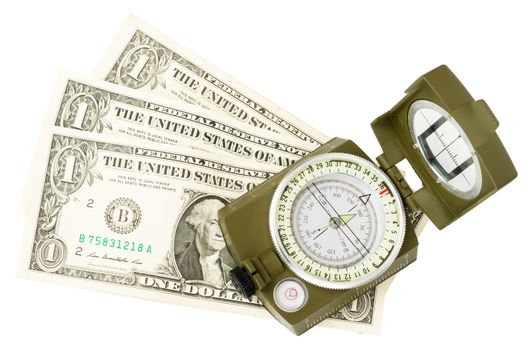Vintage brass compass with cash on isolated white background