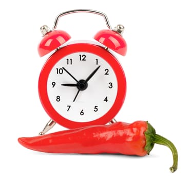 Red hot pepper with red alarm clock on isolated white background