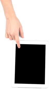 Female hand touching tablet with black screen on isolated white background