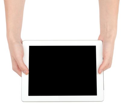 Female hands holding tablet with black screen on isolated white background, closeup