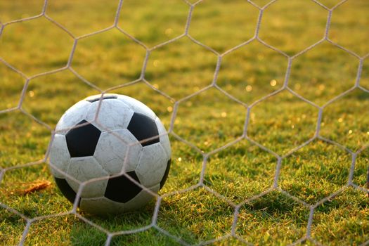 Soccer football in Goal net with green grass field