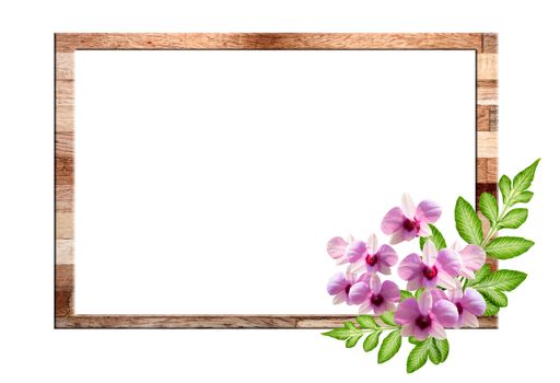 Pink orchid Flower and green leaf on Wooden frame