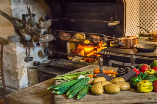 Food on the table for a meal as prepared in the Middle Ages