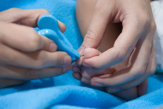 Close up of mum cutting babies nails