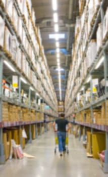 Blur image of a warehouse with multi layer shelves background