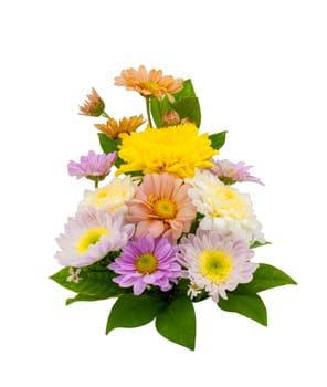 Colorful flower bouquet arrangement in vase isolated on white background