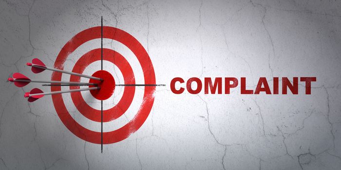 Success law concept: arrows hitting the center of target, Red Complaint on wall background, 3D rendering