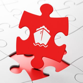 Tourism concept: Ship on Red puzzle pieces background, 3D rendering