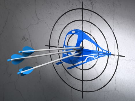 Success tourism concept: arrows hitting the center of Blue Train target on wall background, 3D rendering