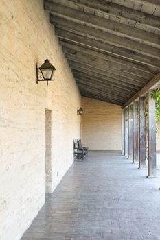 Old outside corridor at a historical building in Santa Barbara.